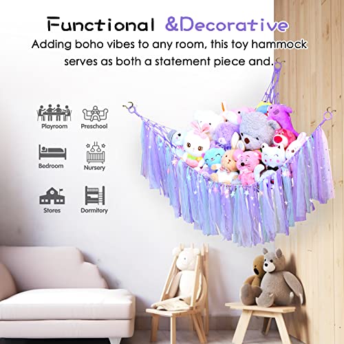 Boho Stuffed Animal Hammock with LED Light and Colorful Lace Tassels, Stuffed Animal Storage for Girls Room Decor and Nursery Decor, Stuffed Animal Net for Baby Room Decor(Purple)