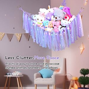 Boho Stuffed Animal Hammock with LED Light and Colorful Lace Tassels, Stuffed Animal Storage for Girls Room Decor and Nursery Decor, Stuffed Animal Net for Baby Room Decor(Purple)