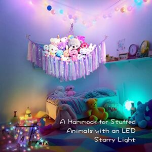 Boho Stuffed Animal Hammock with LED Light and Colorful Lace Tassels, Stuffed Animal Storage for Girls Room Decor and Nursery Decor, Stuffed Animal Net for Baby Room Decor(Purple)