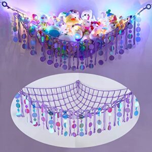 fiobee stuffed animals hammock net toy storage organizer with led light, stuffed animals storage girls room décor wall hanging with sequins for kids bedroom nursery playroom, purple