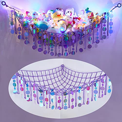 FIOBEE Stuffed Animals Hammock Net Toy Storage Organizer with LED Light, Stuffed Animals Storage Girls Room Décor Wall Hanging with Sequins for Kids Bedroom Nursery Playroom, Purple