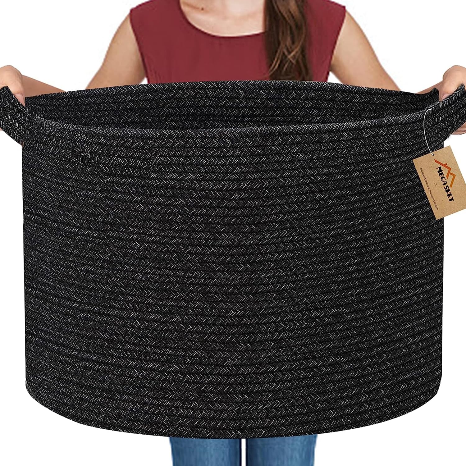 MEGASKET Large Black Blanket Basket, 22" X 22" X 14" Woven Rope Baskets for Storage, Kids Dog Toy Storage Baskets Organizer Bins, Blanket Storage for Living Room, Black Wicker Baskets for Organizing