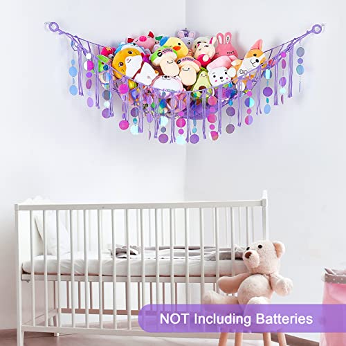 FIOBEE Stuffed Animals Hammock Net Toy Storage Organizer with LED Light, Stuffed Animals Storage Girls Room Décor Wall Hanging with Sequins for Kids Bedroom Nursery Playroom, Purple