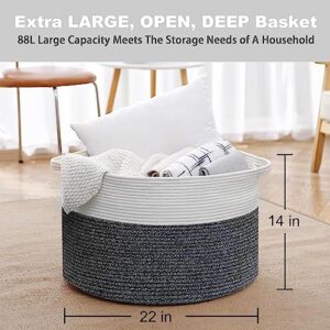 MEGASKET Extra Large Blanket Basket, 22" X 22" X 14" XXXL Blanket Storage Baskets for Living Room, Large Wicker Basket for Blankets, Woven Cotton Rope Basket, Throw Blankets Holder Organizer Bins