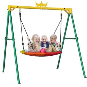 yohood swing sets for backyard, 440lbs outdoor swing set for kids, heavy-duty metal swing frame and flying saucer swing for playground,park,backyard (green)