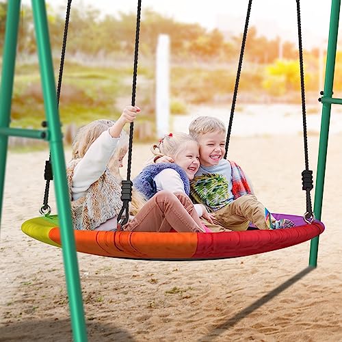 Yohood Swing Sets for Backyard, 440lbs Outdoor Swing Set for Kids, Heavy-Duty Metal Swing Frame and Flying Saucer Swing for Playground,Park,Backyard (Green)