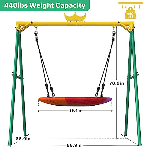 Yohood Swing Sets for Backyard, 440lbs Outdoor Swing Set for Kids, Heavy-Duty Metal Swing Frame and Flying Saucer Swing for Playground,Park,Backyard (Green)