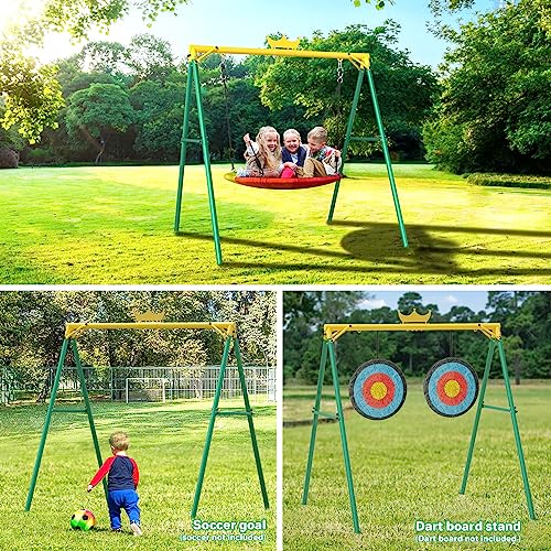 Yohood Swing Sets for Backyard, 440lbs Outdoor Swing Set for Kids, Heavy-Duty Metal Swing Frame and Flying Saucer Swing for Playground,Park,Backyard (Green)