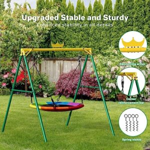 Yohood Swing Sets for Backyard, 440lbs Outdoor Swing Set for Kids, Heavy-Duty Metal Swing Frame and Flying Saucer Swing for Playground,Park,Backyard (Green)