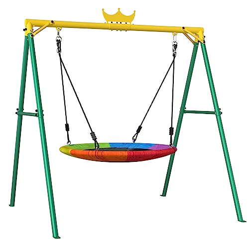 Yohood Swing Sets for Backyard, 440lbs Outdoor Swing Set for Kids, Heavy-Duty Metal Swing Frame and Flying Saucer Swing for Playground,Park,Backyard (Green)