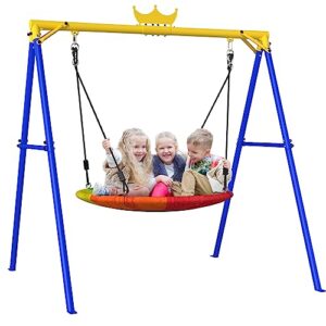 yohood swing sets for backyard, 440lbs swing set for kids outdoor,saucer swing set with heavy-duty metal frame and adjustable ropes for playground, park, swingset outdoor for kids(blue)