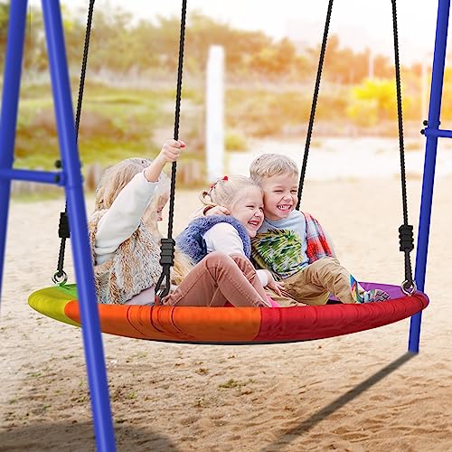 Yohood Swing Sets for Backyard, 440lbs Swing Set for Kids Outdoor,Saucer Swing Set with Heavy-Duty Metal Frame and Adjustable Ropes for Playground, Park, Swingset Outdoor for Kids(Blue)