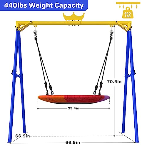 Yohood Swing Sets for Backyard, 440lbs Swing Set for Kids Outdoor,Saucer Swing Set with Heavy-Duty Metal Frame and Adjustable Ropes for Playground, Park, Swingset Outdoor for Kids(Blue)