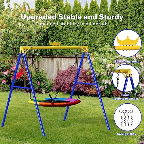 Yohood Swing Sets for Backyard, 440lbs Swing Set for Kids Outdoor,Saucer Swing Set with Heavy-Duty Metal Frame and Adjustable Ropes for Playground, Park, Swingset Outdoor for Kids(Blue)