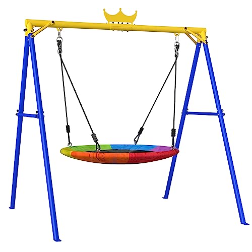 Yohood Swing Sets for Backyard, 440lbs Swing Set for Kids Outdoor,Saucer Swing Set with Heavy-Duty Metal Frame and Adjustable Ropes for Playground, Park, Swingset Outdoor for Kids(Blue)