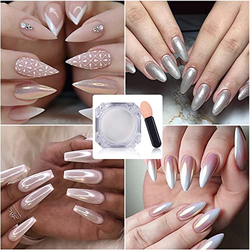 White Pearl Chrome Nail Powder, Pearlescent White Nail Art Jewelry Glitter Powder Mirror Effect Aurora Magic Pearlescent Symphony Mermaid Pearl Neon Nail Powder,DIY Nail Art Decorations Manicure Tool