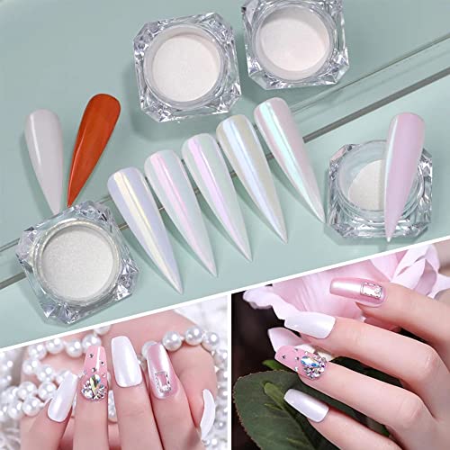 White Pearl Chrome Nail Powder, Pearlescent White Nail Art Jewelry Glitter Powder Mirror Effect Aurora Magic Pearlescent Symphony Mermaid Pearl Neon Nail Powder,DIY Nail Art Decorations Manicure Tool