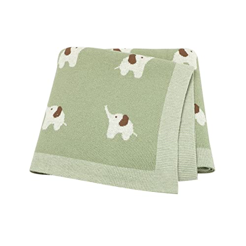 Hadetoto 100% Cotton Baby Blanket Knit Soft Cozy Swaddle Receiving Blankets Toddler Infant Blanket with Lovely Elephant for Newborn Boy Girls - Light Green, 90 x 70cm