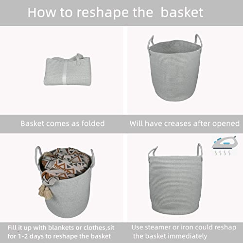 XUANGUO Cotton Rope Laundry Basket Hamper for Clothes Woven Storage Basket for Living Room Bedroom Boho Tall Rope Baskets for Blanket Toys Pillow Towels Baby Nursery Hamper Bin Large light grey