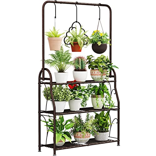 SORCEDAS Plant Stand 3 Tier Indoor Outdoor Tall Corner Hanging Plant Shelf Metal Flower Stands Ladder Plant Holder for Room Balcony Garden Patio Multiple Plants, Bronze