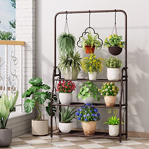 SORCEDAS Plant Stand 3 Tier Indoor Outdoor Tall Corner Hanging Plant Shelf Metal Flower Stands Ladder Plant Holder for Room Balcony Garden Patio Multiple Plants, Bronze