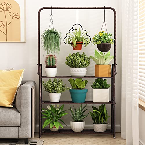 SORCEDAS Plant Stand 3 Tier Indoor Outdoor Tall Corner Hanging Plant Shelf Metal Flower Stands Ladder Plant Holder for Room Balcony Garden Patio Multiple Plants, Bronze