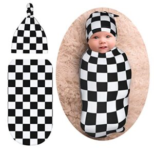 checkered black and white baby stuff new born swaddle baby blanket sleep sack soft stretchy transition baby swaddle wrap receiving blankets with beanie hat sets gifts for 0-6 month boy girl and infant
