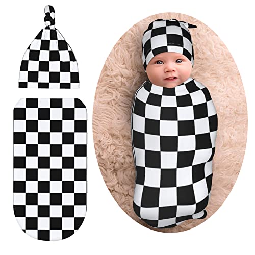 Checkered Black And White Baby Stuff New Born Swaddle Baby Blanket Sleep Sack Soft Stretchy Transition Baby Swaddle Wrap Receiving Blankets With Beanie Hat Sets Gifts For 0-6 Month Boy Girl And Infant