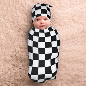 Checkered Black And White Baby Stuff New Born Swaddle Baby Blanket Sleep Sack Soft Stretchy Transition Baby Swaddle Wrap Receiving Blankets With Beanie Hat Sets Gifts For 0-6 Month Boy Girl And Infant