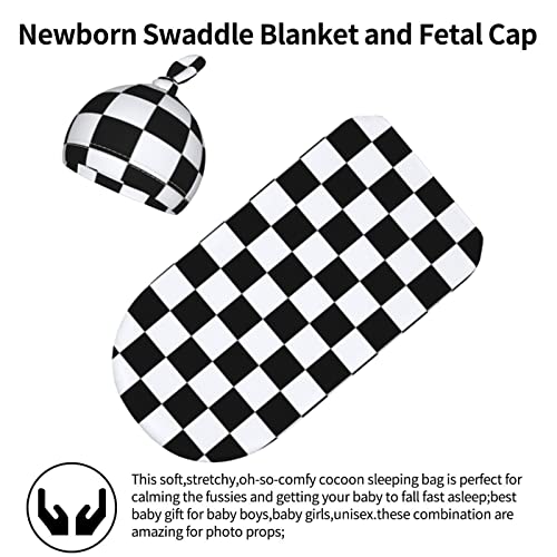 Checkered Black And White Baby Stuff New Born Swaddle Baby Blanket Sleep Sack Soft Stretchy Transition Baby Swaddle Wrap Receiving Blankets With Beanie Hat Sets Gifts For 0-6 Month Boy Girl And Infant