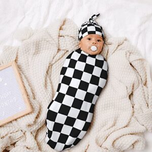 Checkered Black And White Baby Stuff New Born Swaddle Baby Blanket Sleep Sack Soft Stretchy Transition Baby Swaddle Wrap Receiving Blankets With Beanie Hat Sets Gifts For 0-6 Month Boy Girl And Infant
