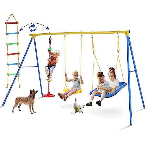 4 in 1 Swing Set for Backyard, Heavy Duty A-Frame Metal Outdoor Stand, 550 lbs Weight Capacity Adjustable Playground Playset for Kids Toddlers with 2 Swing Seat, Climbing Ladder and Climbing Rope