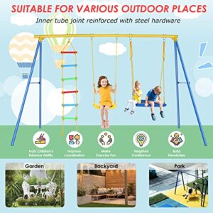 4 in 1 Swing Set for Backyard, Heavy Duty A-Frame Metal Outdoor Stand, 550 lbs Weight Capacity Adjustable Playground Playset for Kids Toddlers with 2 Swing Seat, Climbing Ladder and Climbing Rope