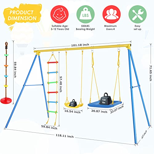 4 in 1 Swing Set for Backyard, Heavy Duty A-Frame Metal Outdoor Stand, 550 lbs Weight Capacity Adjustable Playground Playset for Kids Toddlers with 2 Swing Seat, Climbing Ladder and Climbing Rope