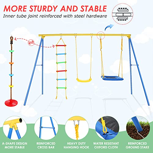 4 in 1 Swing Set for Backyard, Heavy Duty A-Frame Metal Outdoor Stand, 550 lbs Weight Capacity Adjustable Playground Playset for Kids Toddlers with 2 Swing Seat, Climbing Ladder and Climbing Rope