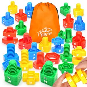 letters learning matching game | fine motor skills toy set for toddlers | 26 alphabet learning toys with 52 pcs nuts and bolts sorting & stacking toys, abc learning educational montessori toy for kids
