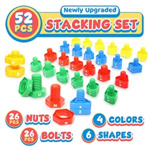 Letters Learning Matching Game | Fine Motor Skills Toy Set for Toddlers | 26 Alphabet Learning Toys with 52 pcs Nuts and Bolts Sorting & Stacking Toys, ABC learning Educational Montessori Toy for Kids