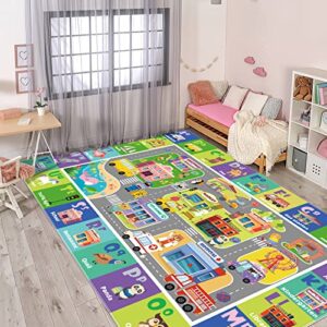 ltkougfam baby playmat for floor, soft plush abc kids play rug for toddlers & infants baby floor mats, kids car rug mat with city, large non-slip area rug for kids room playroom bedroom (59x39.4 inch)