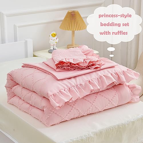 4 Piece Boho Tufted Toddler Bedding Set for Girls Pink Ruffle Bed Sheets Set Soft Jacquard Embroidery Crib Bedding Comforter Set for Baby | Include Comforter, Flat Sheet, Fitted Sheet, Pillowcase