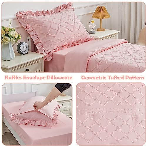 4 Piece Boho Tufted Toddler Bedding Set for Girls Pink Ruffle Bed Sheets Set Soft Jacquard Embroidery Crib Bedding Comforter Set for Baby | Include Comforter, Flat Sheet, Fitted Sheet, Pillowcase