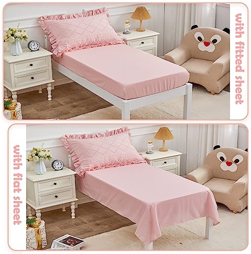 4 Piece Boho Tufted Toddler Bedding Set for Girls Pink Ruffle Bed Sheets Set Soft Jacquard Embroidery Crib Bedding Comforter Set for Baby | Include Comforter, Flat Sheet, Fitted Sheet, Pillowcase