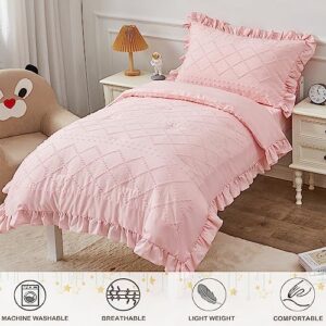 4 Piece Boho Tufted Toddler Bedding Set for Girls Pink Ruffle Bed Sheets Set Soft Jacquard Embroidery Crib Bedding Comforter Set for Baby | Include Comforter, Flat Sheet, Fitted Sheet, Pillowcase