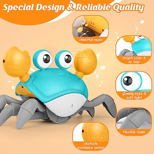 KIZJORYA Crawling Crab Baby Toy, Tummy Time Gifts for Toddler & Newborn, Light-Up Walking Dancing Moving Crab with Music & Obstacle Avoidance, Infant Rechargeable Sensory Development Toy(Green)