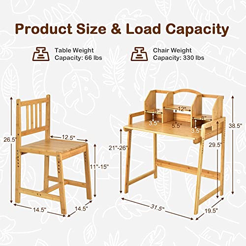 UNICOO - Bamboo Height Adjustable Kids Desk and Chair Set, Children Desk, Kids Study Table and Chair Set (Nature 01)