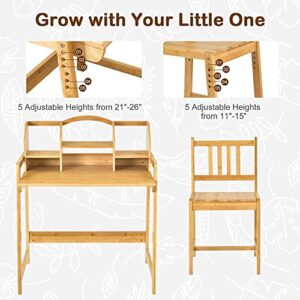 UNICOO - Bamboo Height Adjustable Kids Desk and Chair Set, Children Desk, Kids Study Table and Chair Set (Nature 01)