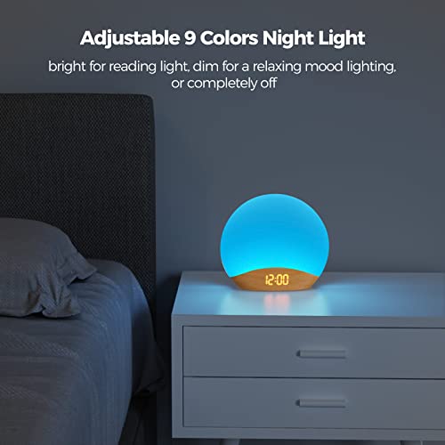 HOUSBAY White Noise Machine Sunrise Alarm Clock, Wake Up Light, Dimmable Night Light, 26 Natural Sounds, Gentle Wake up & Sound Machine for Sleeping, Adults, Kids, Baby-Wooden