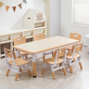 mocuteen kids table and 6 chairs set height adjustable toddler table and chair set children’s graffiti table for age 2-12 max 330lbs kids art table for daycare classroom home burlywood grain