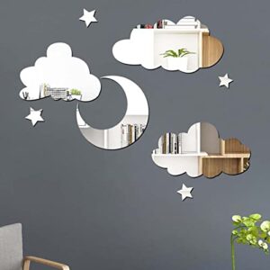 3D Acrylic Cloud Mirror Stickers Decals,Self Adhesive Moon Stars Clouds Mirror Wall Stickers Decorative Silver Mirror Wall Art Decor for Kids Baby Bedroom Living Room Playroom Nursery Wall Decor