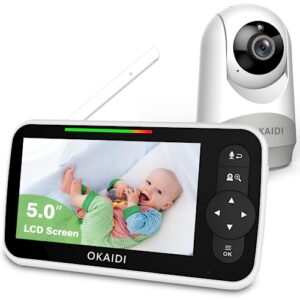 okaidi baby monitor with camera and audio, 5" large screen with 30-hour battery, 1000ft range video baby monitor, remote pan-tilt-zoom baby monitor no wifi, night vision, vox, 2-way talk, 8 lullabies