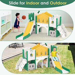 BIERUM 8 in 1 Toddler Slide, Kids Slide for Toddlers Age 1+ with Extra Long Aisle, Storage Space, Ring Toss and Basketball, Outdoor Indoor Slide Playset Toddler Playground Easy Assembly